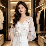 HANLIN 여성용 가디건 얇은 여름 망사 반팔 코트 통기 블라우스 레이스 L G0525