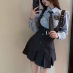 셔츠 조끼 스커트 넥타이 코디 세트 스쿨룩 캐주얼 퍼프소매 미니스커트 쓰리피스 C0367