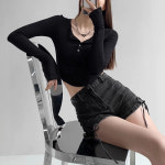 천하오 크롭 긴팔 티 여 슬림핏 L L J1682