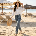 HANLIN 여성 봄철 스트레이트핏 지퍼 하이웨스트 9부 청바지 G4564