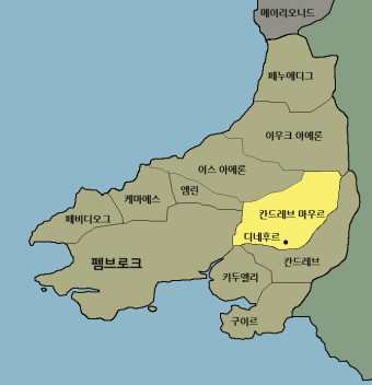 그리피드 아프 리스 - 칸트레브 마우르가 표시된 웨일스 지도