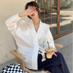 [무료배송/무료반품] 캐주얼룩 셔츠 남방 브이넥 루즈핏 무지셔츠 데일리룩 P1986로메디블라우스 : 캔들메이킹