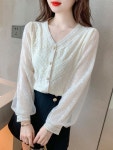애니율 여성 봄 가을 브이넥 레이스 블라우스 G2641 : 애니율