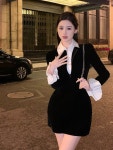 애니율 여성 셔츠넥 벨벳 미니 헵번 원피스 G2793 : 애니율