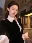 애니율 여성 셔츠넥 벨벳 미니 헵번 원피스 G2793 : 애니율