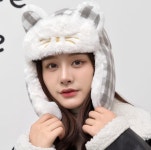 여성 방한 겨울모자 귀여운 고양이얼굴 체크 귀달이 군밤장수 귀마개 털모자 : 비앤채