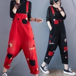 여자 점프수트 빅사이즈 멜빵 바지 배기 데님 오버롤 누더기 레드 : 바아자차