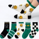 남아 키즈 초딩 아동 초등 학생 어린이 그린체크보드스마일 양말 5족세트 답례품 : 스타일 믹스