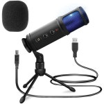 USB PC 레코딩 콘덴서 마이크 블루 LED 가인 조절 헤드폰 잭 음소거 컨트롤 삼각대 스탠드 팟캐스트 스트리밍 게임용 휴대용 프로 오디오... 