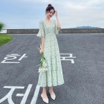 애니율 여성 여름 브이넥 쉬폰 롱 원피스 W2253 : 애니율