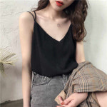블랙 끈나시 쉬폰 탱크탑 크로스 정장 이너 브이넥 이너 루즈핏 민소매 탑 : 레이스블라우스