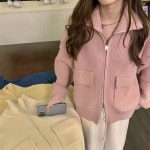 심플 집업 니트 가디건 겉옷 빅포켓 주머니 핑크 베이지 옐로우 : 곰도리상사