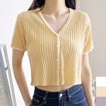 여성 슬림룩 굵은 골지 크롭 반팔 니트 가디건 스타일 럭셔리룩 학생 : 블루템