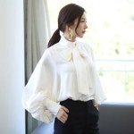 랜턴 소매 새틴 리본 타이 블라우스 직장인 오피스룩 단아한 하객룩 : 직구시리