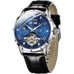 OLEVS 남성 자동 시계 셀프 와인딩 별하늘 다이아몬드 골격 명품 손목시계 방수 야광 G6690: Black strap & black dial : 페어샵퍼스