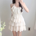 [summer dress] 2col) 백리스 캉캉 홀터 쉬폰 미니 원피스 : 로앤모어