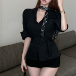 카라 노버튼 포켓 베이직 심펄 벨트 러플 긴팔 셔츠 남방 OA325647ps : 피어리스