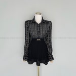 [르시앙]체크 시스루 어깨패드 슬림핏 크롭 블라우스 : 포항르시앙