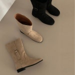 버클 스웨이드 웨스턴 미들 부츠 통넓은 스퀘어 부츠 : ZIAN