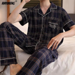 남자 잠옷 파자마 수면 홈웨어 빅사이즈 L-5XL 럭셔리 남성 반팔 턴다운 칼라 세트 신사 캐주얼 코튼 봄 여름 가을 : 피티통상