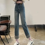 여성 데일리 캐주얼 슬림핏 일자 데님 청바지 : 슬림소녀