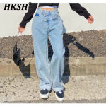 여성 청바지 빈티지 카고 HKSH 여성용 펑크 시크 비대칭 대각선 플래킷 버튼 스트레이트 데님 바지 다용도 페이크 투피스 H2569 : 마마컴
