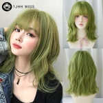 붙임머리/헤어피스/부분가발 7JHH WIGS 여성용 고밀도 합성 짧은 웨이브 그린 가발 데일리 파티 어깨 길이 웨이브 헤어 가발 커튼 앞머리 포함... 