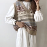 URK-188 귀여운조끼 니트 베스트 브이넥 여성 여자티 유니크 패턴 : 예쁜동그라미