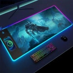 Mairuige 무선 충전 마우스 패드 리치 왕의 진노 RGB 게이밍 매트 데스크탑 설정 PC 게이머 완제품 Lich King : 배배와우