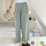 긴 바지 잠옷 체크 일자 와이드 사계절 파자마 팬츠 고무줄바지 핑크 퍼플 그린 : 올포유하우스