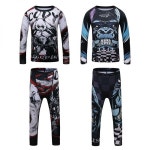 남자 반팔 티셔츠 남성 머슬릿 반팔티 MMA 발진가드 어린이 Jiu Jitsu T-shirt + 바지 압축 복싱 스포츠웨어 키즈 무에타이 킥복싱 세트... 