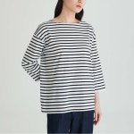 [JAJU/자주] 여 코튼 스트라이프 7부 티셔츠_블랙 : 자주 JAJU