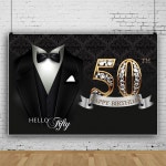Yele 15x8피트 헬로 50번째 생일 배경 블랙 턱시도 넥타이 다이아몬드 골드 사진 남성용 파티 장식 초상화 스튜디오 촬영 소품 비닐 벽지... 