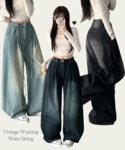 [허리조절!/밑단스냅 ] 스테이 빈티지 워싱 투핀턱 허리 조절 끈 스트링 밑단 스냅버튼 하이웨스트 로우 와이드 조거 데님 팬츠 청바지 남녀공용... 