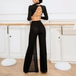 밸리댄스 라틴 셔링 댄스복 여성용 블랙 댄스 바지 하이 웨이스트 2 레이어 메쉬 와이드 레그 레오파드 연습 차차 볼룸 의류 : 두루두루두루팜