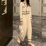 여성코디세트 배색 니트 카라 크롭 가디건 일자핏 밴딩 팬츠 세트 여성투피스 : 파인샤인