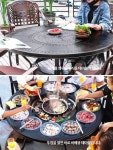 불판테이블 불판식탁 버너테이블 원형접이식테이블 삼겹살 드럼통 스텐 1_보르도의자4개산탄소강바베큐원형테이블 : SJ-해외찍구SHoP