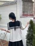 퍼니걸스 8701 루즈핏 세일러 빅카라 셔링 반팔 티셔츠 여성의류 : FUNNYGIRLS