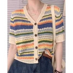 여성 여름 레인보우 펀칭 니트 가디건 무지개 배색 V넥 크롭 카디건 탑 : 민삼