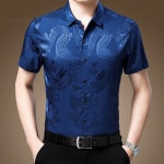 남자 댄스복 용무늬 자수 실크 중년 남성 반팔 셔츠 여름 패션 고급 남방 노랑 : 트윈스픽