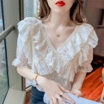 블라우스 슬림핏 프릴 상의 신상 화이트티 반팔 루즈핏 브이넥 : 포텐터진몰