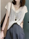 소재 그물 레이어드 뜨개질 조끼 웨어 나시 여성 반팔 티셔츠 브이넥 가오리 통기성 : 옵스트1