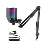 파이파인 게이밍 PC USB 마이크 팟캐스트 콘덴서 마이크 붐 암 팝 필터 음소거 버튼 호환 스트리밍 트위치 온라인 채팅 RGB 컴퓨터 마이크... 