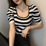 신축성 퍼프 소매 좋은 패션 골지 여자 티셔츠 반팔 맨투맨 크롭 쫄티 여름 단가라 : 라이프 앤