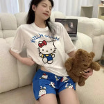 산리오 50주년 태닝 챠미 헬로 키티 커플 기숙사 파자마 잠옷 굿즈 2025 여름 흰색 크루 넥 귀여운 만화 여성 반팔 반바지 세트 실내복...