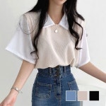 러블리 여성 셔츠 니트조끼 일체형 페이크 반팔티셔츠 티셔츠 여성티셔츠 카라티셔츠 니트티셔츠 : 해피인1