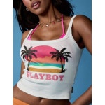 MISSGUIDED Missguided x Playboy 레트로 비치 탱크 톱 여름 열대 팜 트리 일몰 리브 니트 스포티 리조트 휴가 애슬레틱 스트릿웨어... 