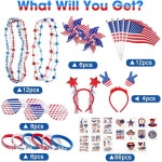 프리미엄 키즈 어린이 파티 용품 세트 7월 4일 4일을 위한 114PCS 레드 화이트 블루 애국 깃발 셔터 안경 목걸이 문신 머리띠 바람개비 장식... 