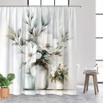 수채화 꽃무늬 샤워 커튼 밝은 회색에 흰색 목련과 녹색 잎 기계 세탁이 미니멀리스트 욕실 장식 1. hxx-25040906329... 