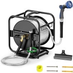헤비 듀티 메탈 가든 호스 릴 95FT 304 스테인리스 스틸 9패턴 노즐, 360° 회전 프레임, 벽 장착/바닥 릴, 외부 권선 콤보, 블랙 : 쇼핑 헤븐